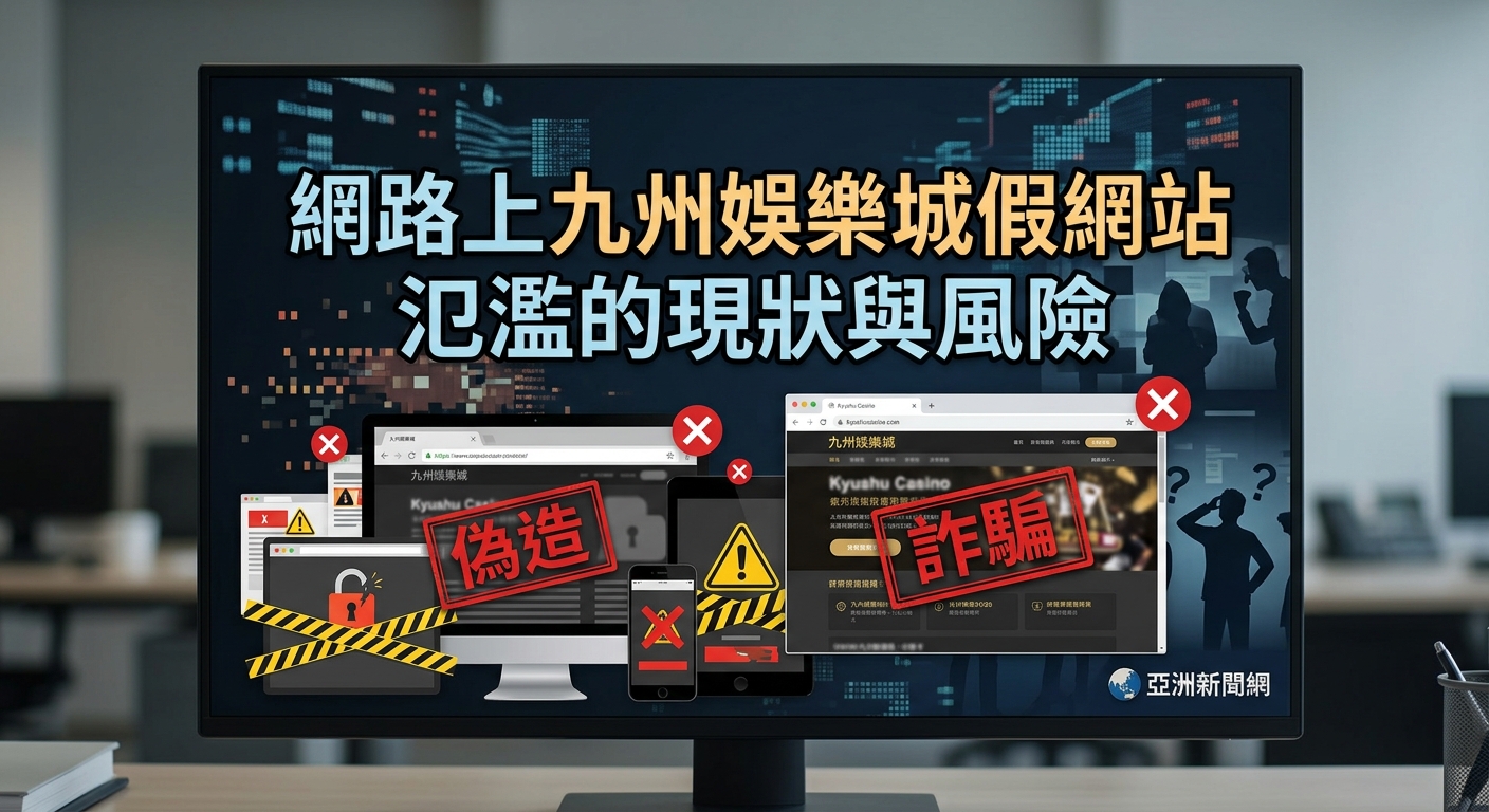 這張圖片展示了一台電腦螢幕,畫面上呈現關於網路詐騙與假網站氾濫的主題,並帶有警告標示與數位元素。 上方以醒目的繁體中文大字標示標題:「網路上九州娛樂城假網站氾濫的現狀與風險」。