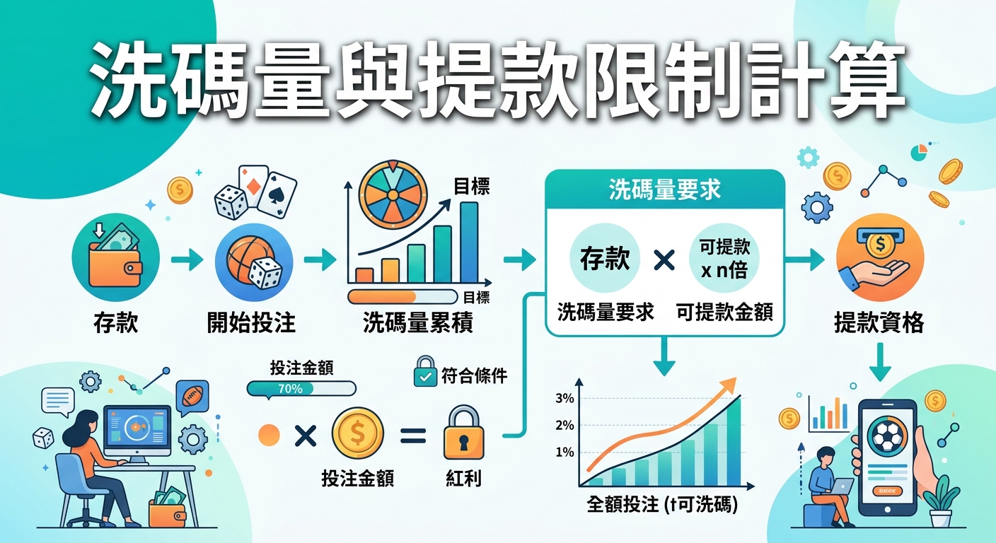 這張圖解以清晰的流程圖展示了線上娛樂城的洗碼量累積與提款限制計算方式。 畫面結合了存款、投注累積、流水倍率計算以及最終成功提款的視覺化步驟與圖表說明。