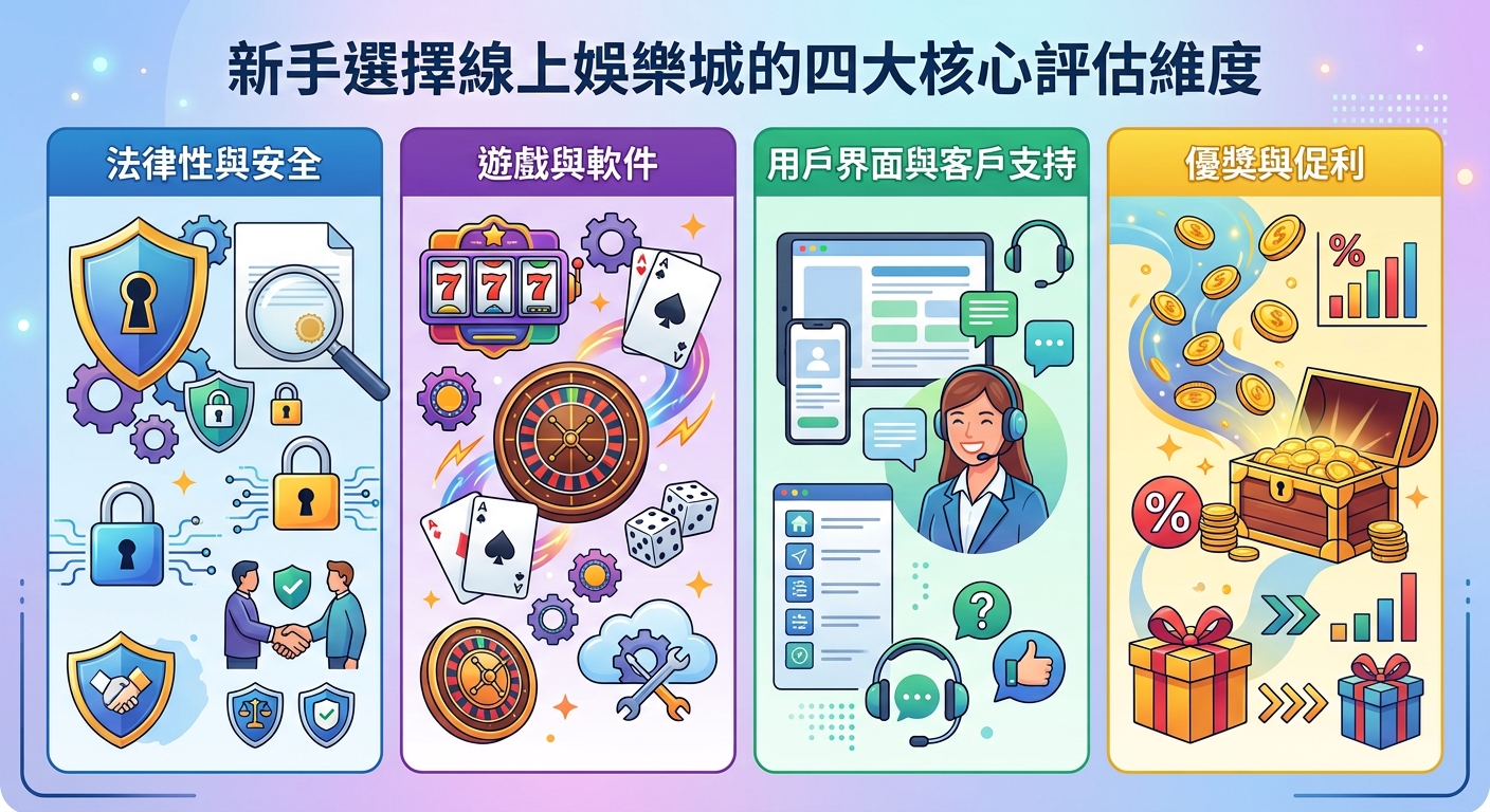 這張圖表以「新手選擇線上娛樂城的四大核心評估維度」為主題，直觀地展示了玩家挑選平台時的四個關鍵標準。 畫面分為四個直列區塊，透過生動的圖示分別呈現了法律性與安全、遊戲與軟件、用戶界面與客戶支持，以及優獎與促利。