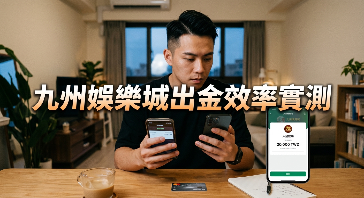 這張圖片展示了一名男子坐在桌前專注地操作手機,桌上擺放著信用卡與筆記本,營造出正在進行線上操作與紀錄的氛圍。 畫面中央標有顯眼的繁體中文標題「九州娛樂城出金效率實測」,突出了主題的實測與驗證感。