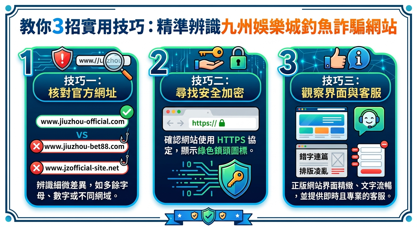 這張圖片是一份網路安全圖解,頂部標題寫著「教你3招實用技巧:精準辨識九州娛樂城釣魚詐騙網站」。 下方劃分為三個卡片區域,分別以圖標與範例說明「核對官方網址」、「尋找安全加密」及「觀察界面與客服」等三項辨識技巧。